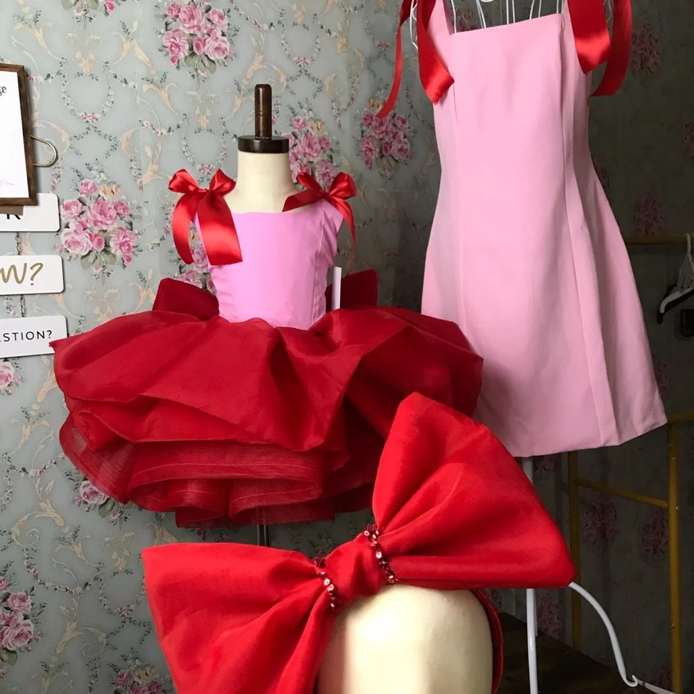 Pink and Red Girls' (Mother and daughter) Party Tutu Dress with Satin Bows
